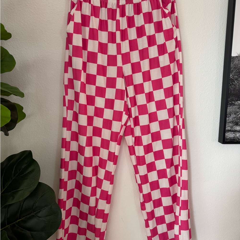 Amazon Wide Leg Jumpsuit Pants - Pink and White Checkerboard